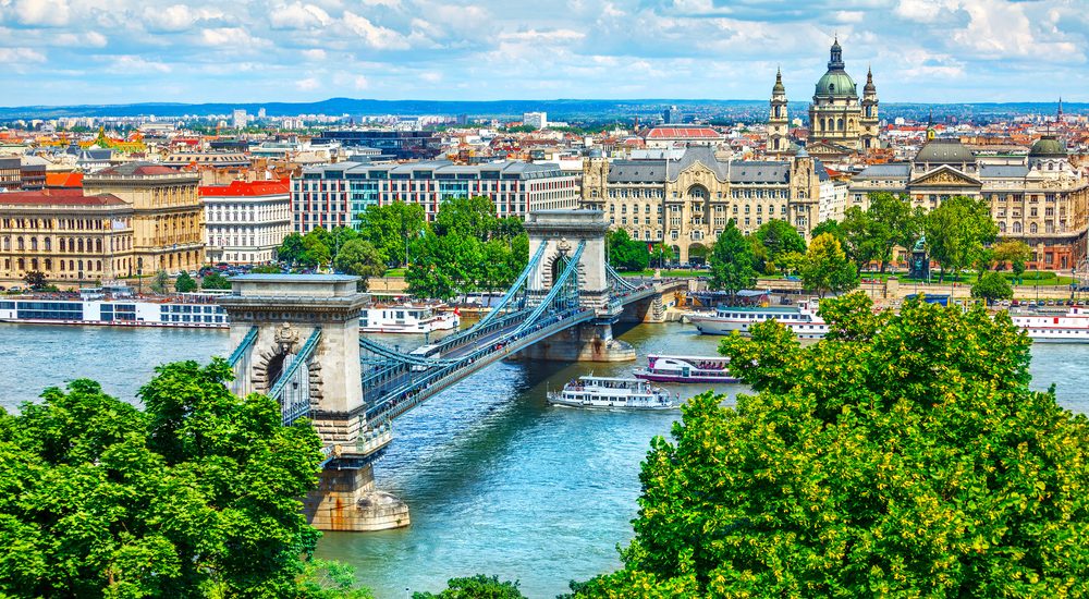 Chain bridge on Danube river in Budapest city. Hungary